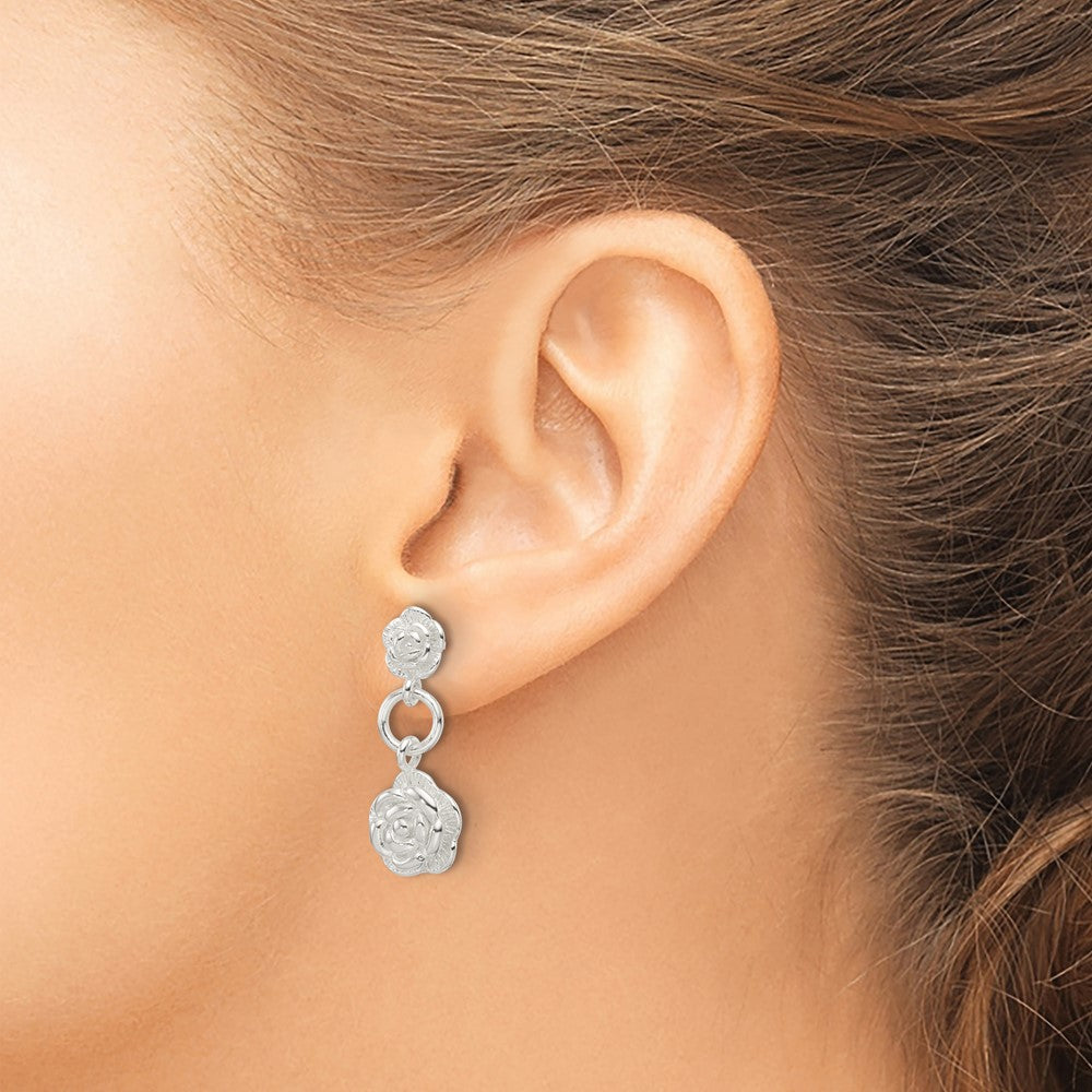 Sterling Silver E-Coating Rose Dangle Post Earrings - Product Photo