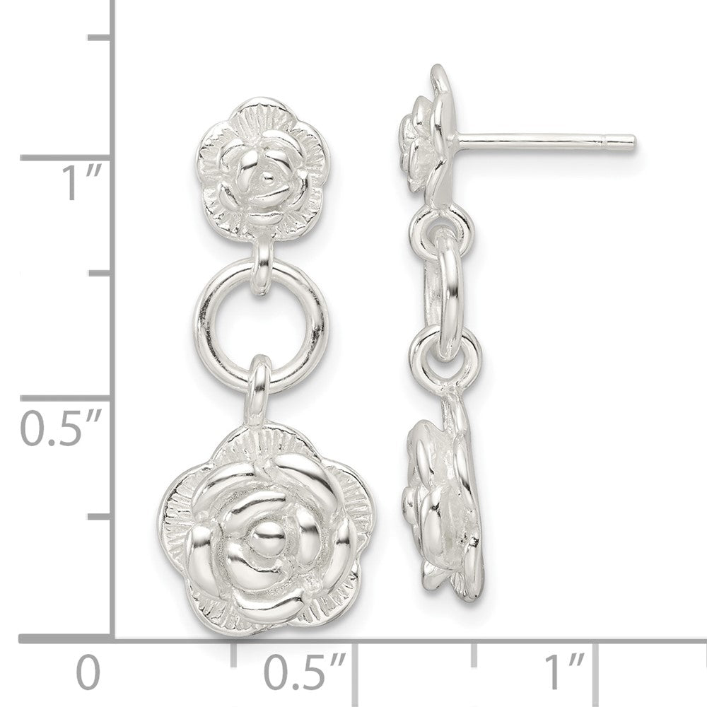 Sterling Silver E-Coating Rose Dangle Post Earrings - Product Photo