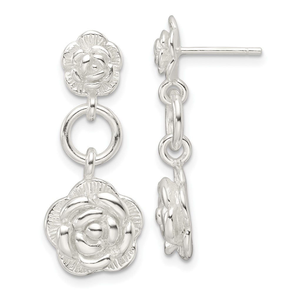 Sterling Silver E-Coating Rose Dangle Post Earrings - Product Photo