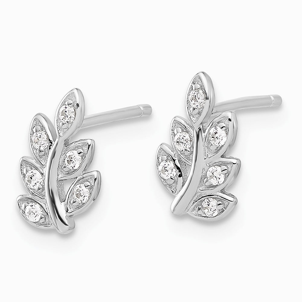 Sterling Silver Rhodium-plated CZ Leaf Post Earrings - Product Photo