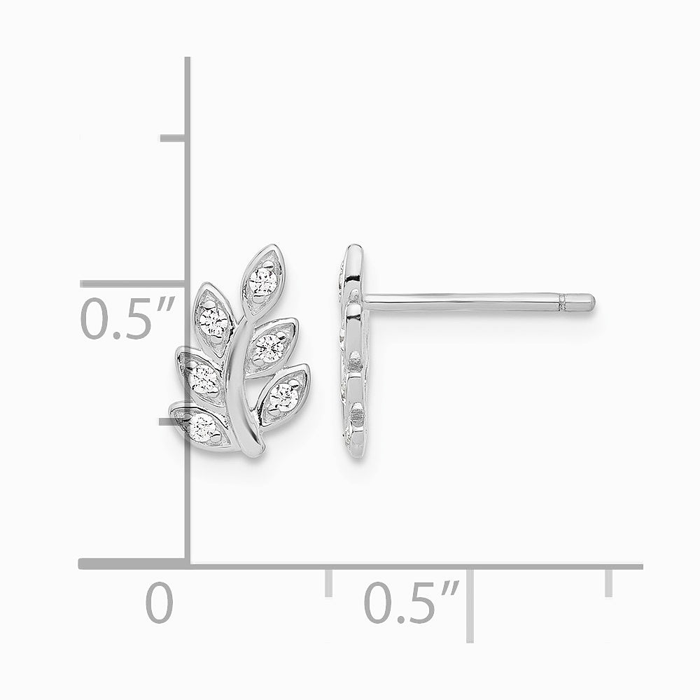 Sterling Silver Rhodium-plated CZ Leaf Post Earrings - Product Photo