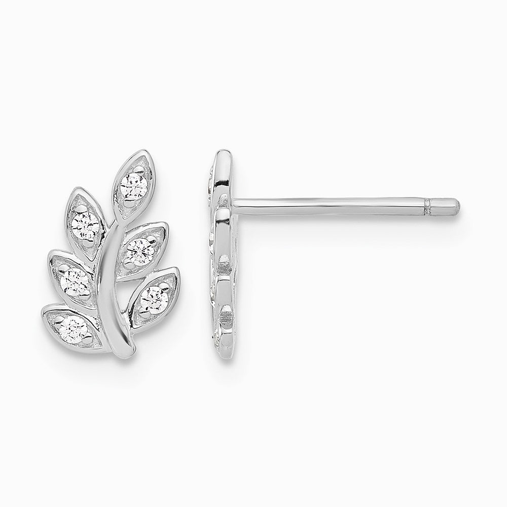 Sterling Silver Rhodium-plated CZ Leaf Post Earrings - Product Photo