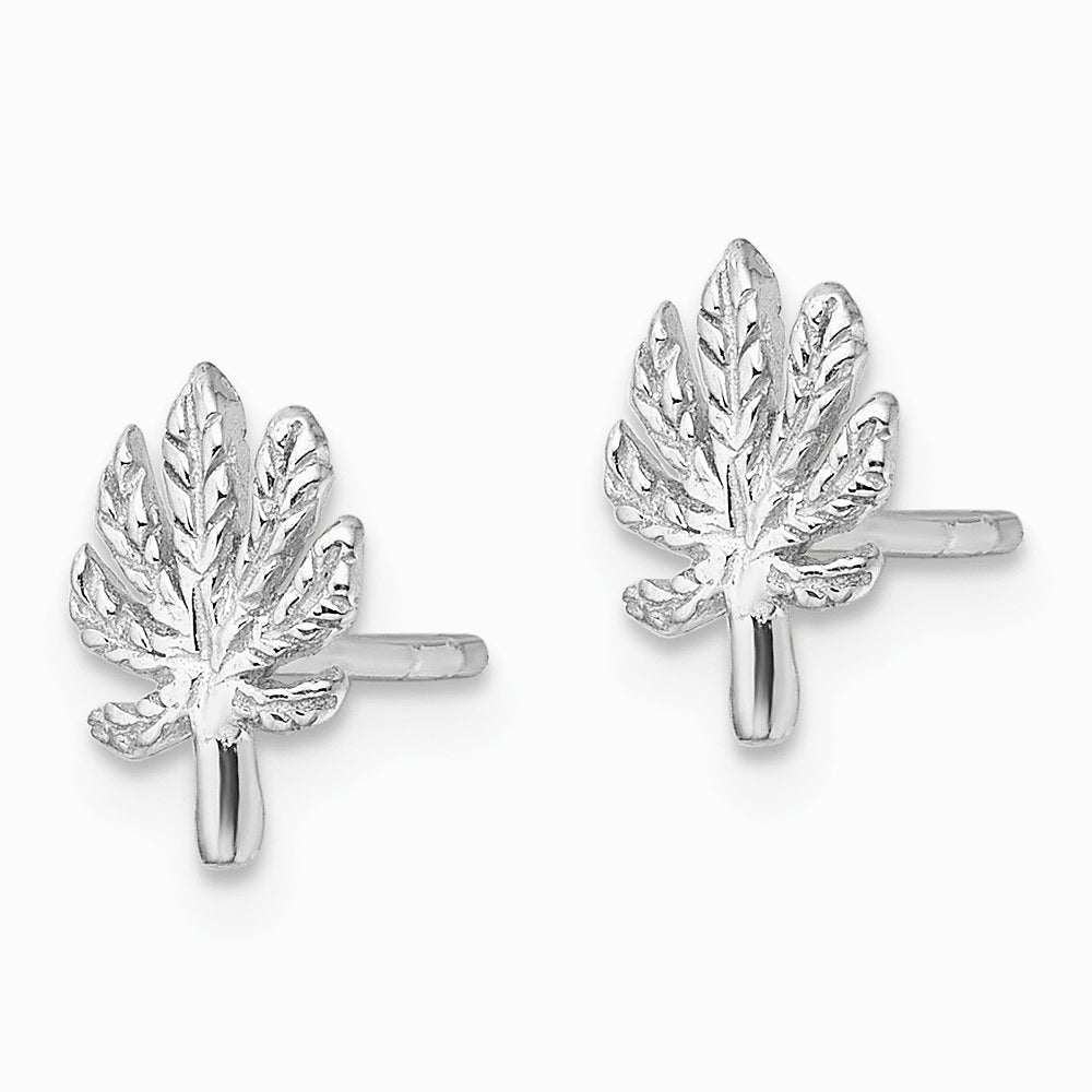 Sterling Silver Rhodium-plated Textured Leaf Post Earrings - Product Photo