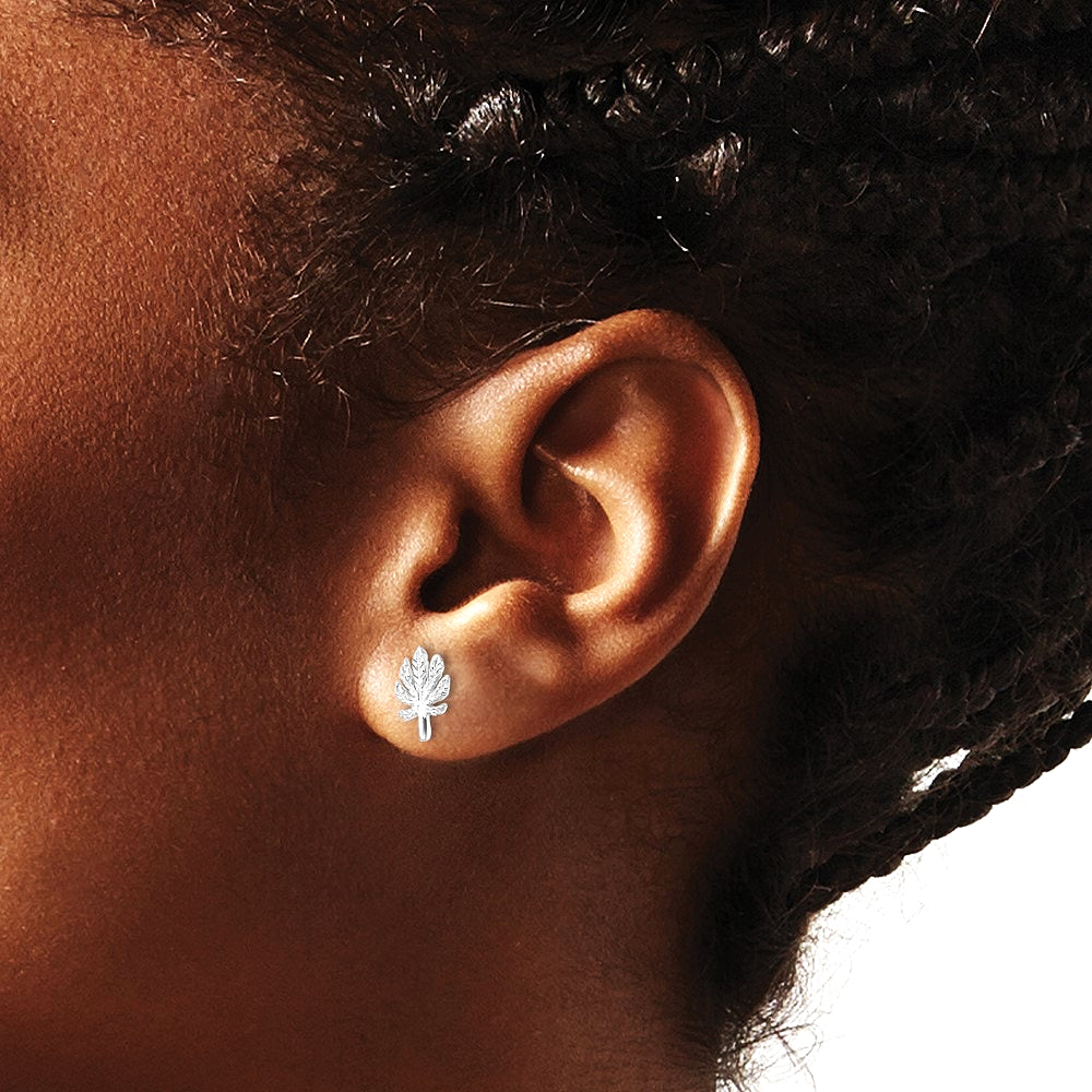 Sterling Silver Rhodium-plated Textured Leaf Post Earrings - Product Photo