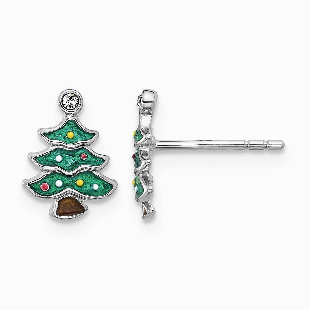 Sterling Silver Rh-plated Green Enamel Crystal Christmas Tree Post Earrings