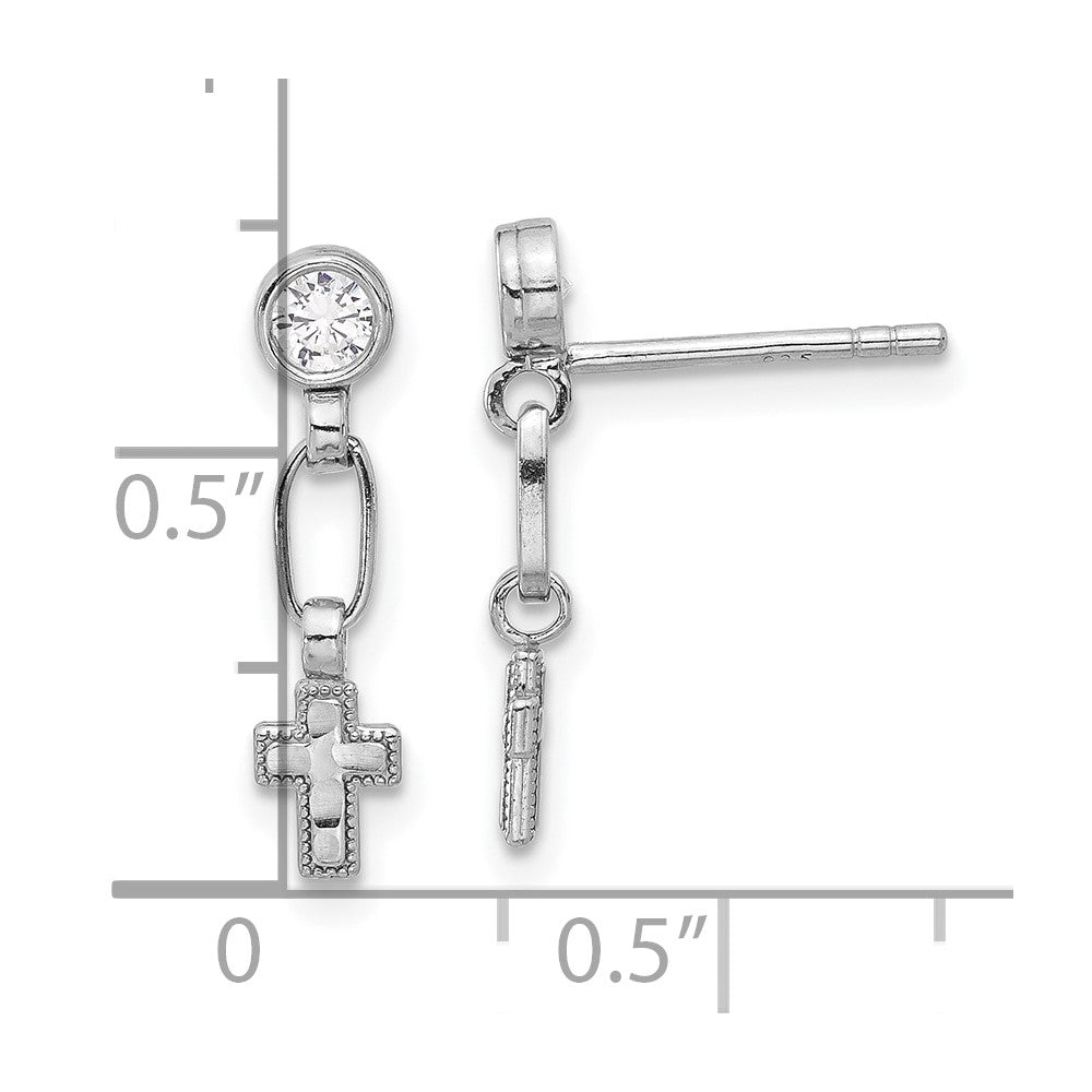 Sterling Silver RH-plated Polished & Textured CZ Cross Post Dangle Earrings - Product Photo
