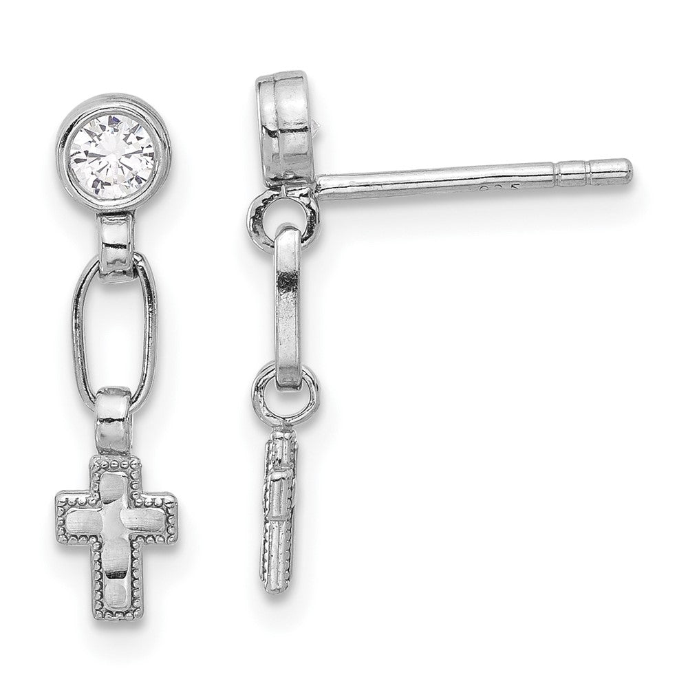 Sterling Silver RH-plated Polished & Textured CZ Cross Post Dangle Earrings - Product Photo