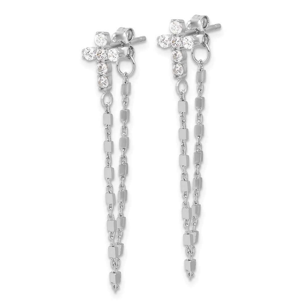 Sterling Silver RH-pltd CZ Cross w/Chain Front & Back Post Dangle Earrings - Product Photo
