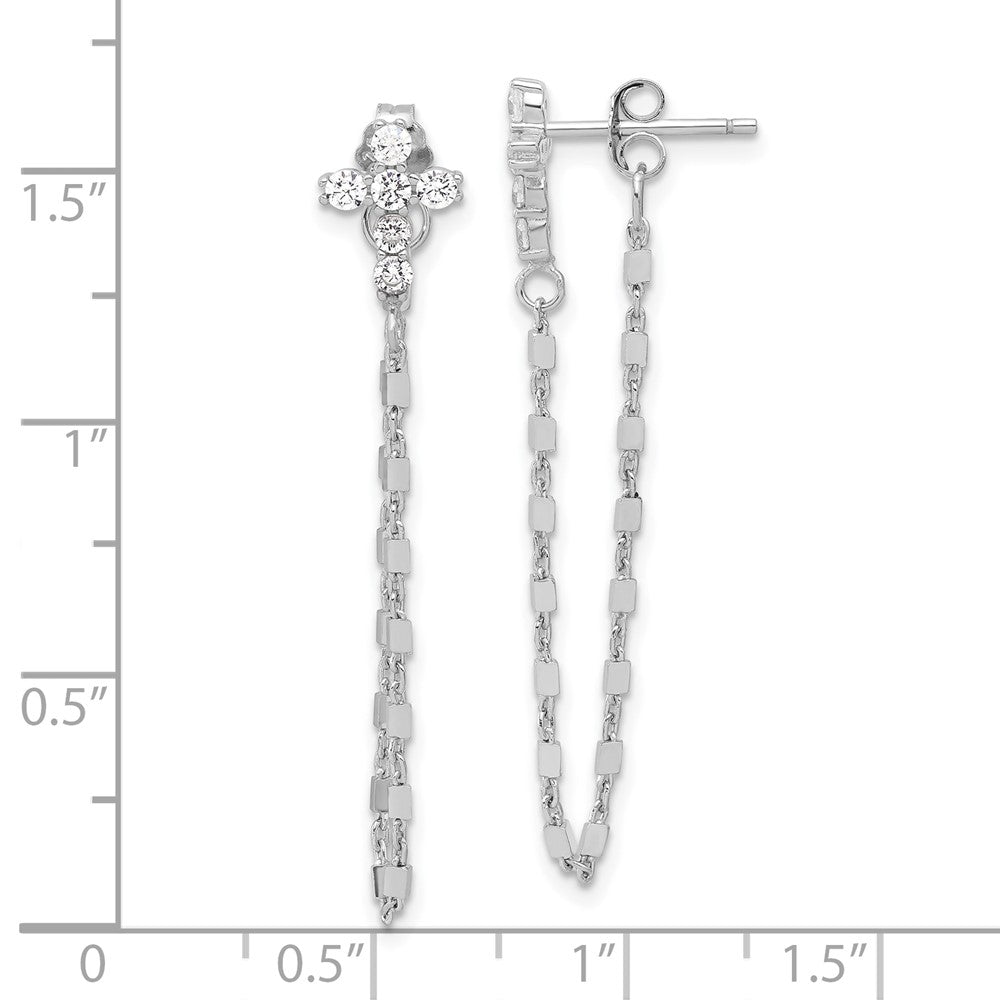 Sterling Silver RH-pltd CZ Cross w/Chain Front & Back Post Dangle Earrings - Product Photo