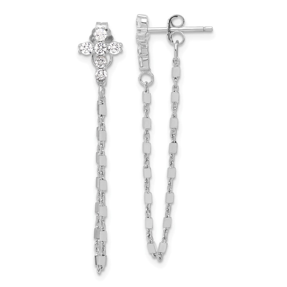 Sterling Silver RH-pltd CZ Cross w/Chain Front & Back Post Dangle Earrings - Product Photo