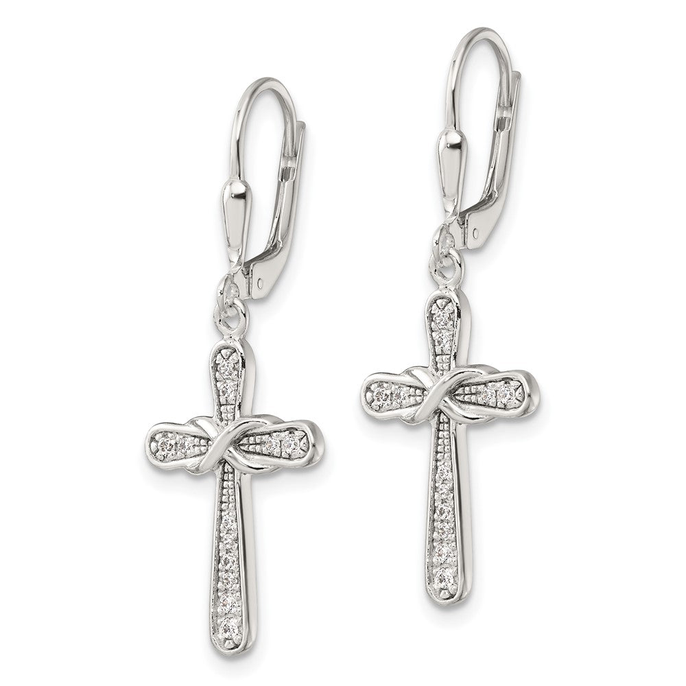 Sterling Silver Polished CZ Infinity Cross Leverback Dangle Earrings - Product Photo
