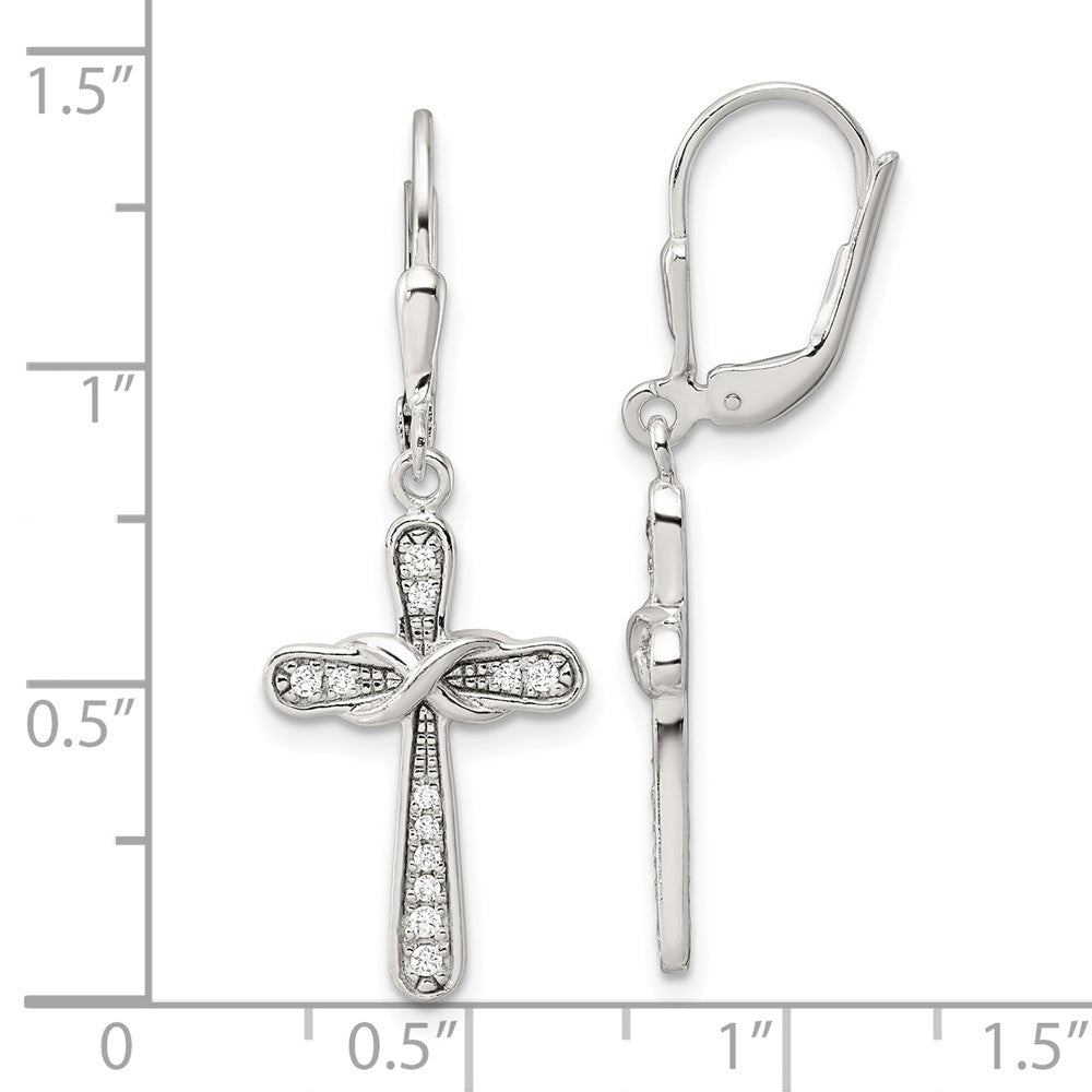 Sterling Silver Polished CZ Infinity Cross Leverback Dangle Earrings - Product Photo