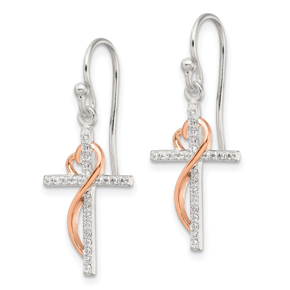 Sterling Silver & Rose-tone Polished CZ Heart Cross Dangle Earrings - Product Photo