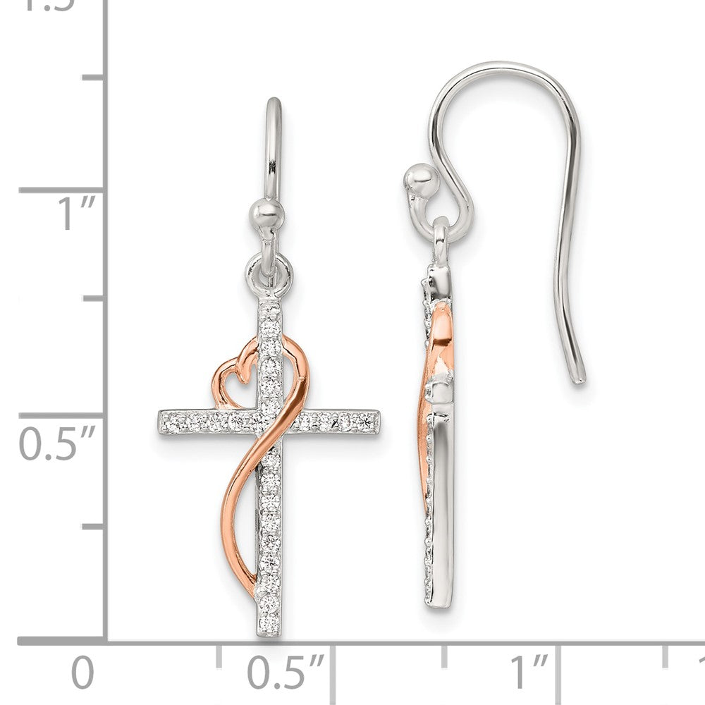 Sterling Silver & Rose-tone Polished CZ Heart Cross Dangle Earrings - Product Photo