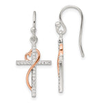 Sterling Silver & Rose-tone Polished CZ Heart Cross Dangle Earrings - Product Photo