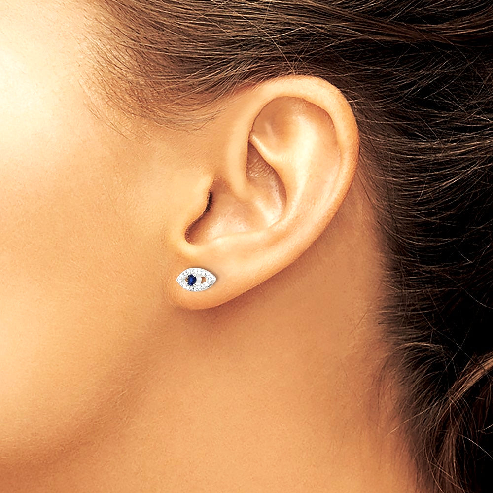 Sterling Silver E-Coating Polished Blue & White CZ Evil Eye Post Earrings - Product Photo