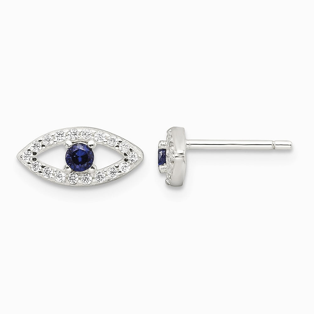 Sterling Silver E-Coating Polished Blue & White CZ Evil Eye Post Earrings - Product Photo