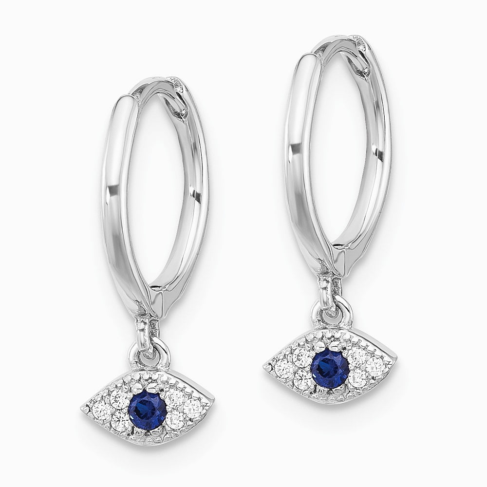 Sterling Silver RH-plated Blue & White CZ Evil Eye Dangle Hoop Earrings - Product Photo