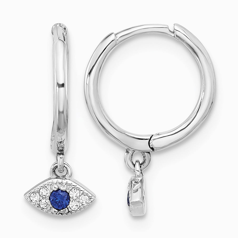 Sterling Silver RH-plated Blue & White CZ Evil Eye Dangle Hoop Earrings