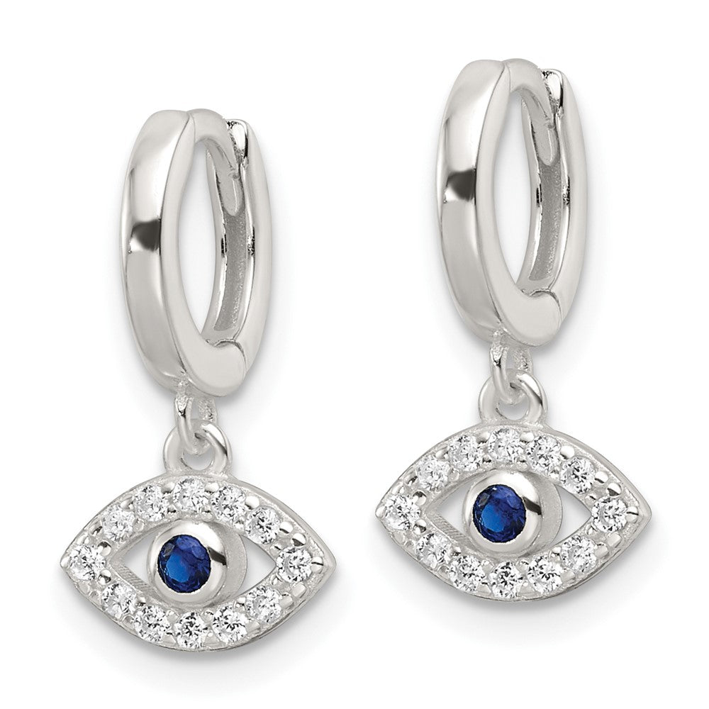 Sterling Silver E-Coating Blue & White CZ Evil Eye Dangle Hoop Earrings - Product Photo