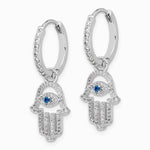 Sterling Silver RH-pltd Blue/White CZ Evil Eye Hamsa Dangle Hoop Earrings - Product Photo