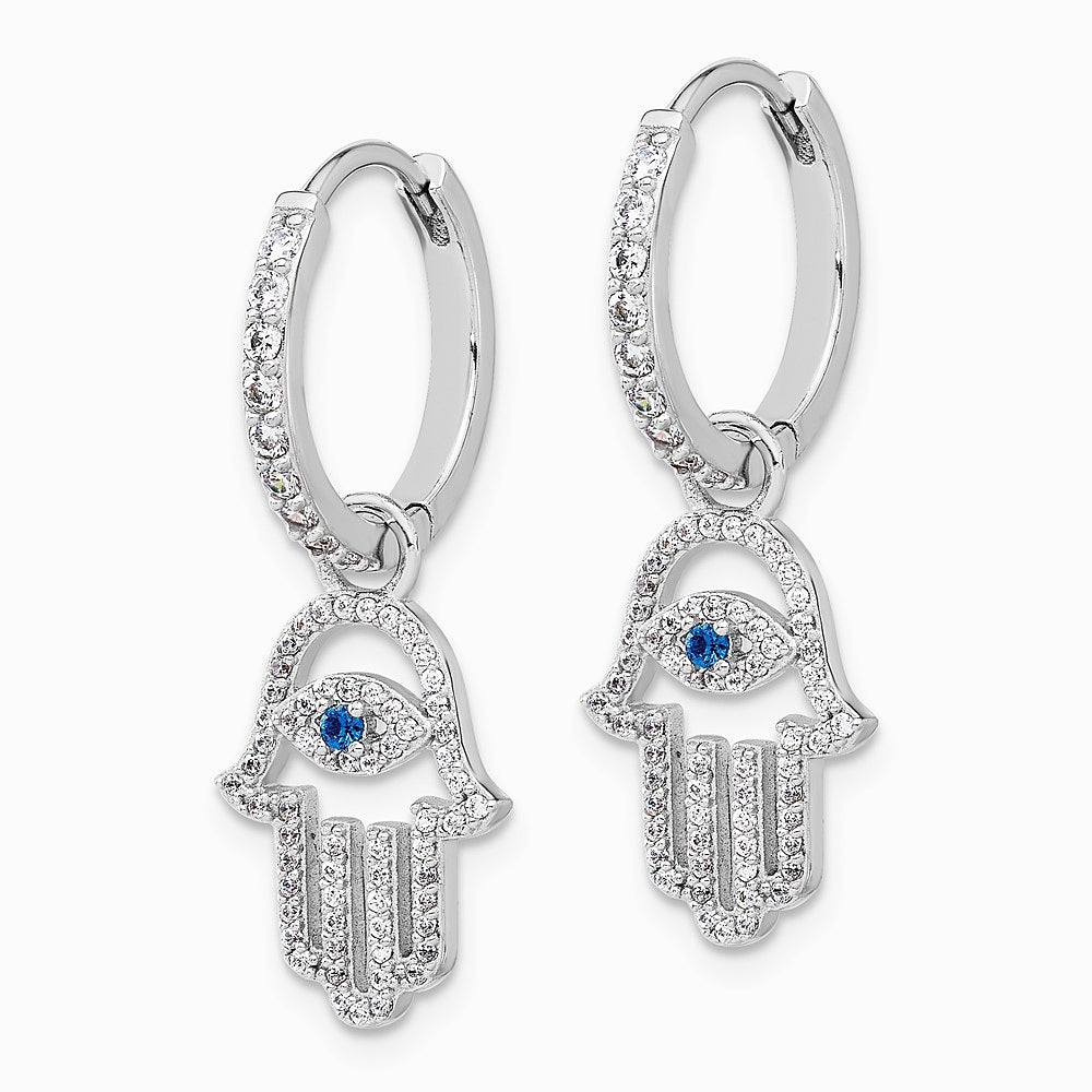 Sterling Silver RH-pltd Blue/White CZ Evil Eye Hamsa Dangle Hoop Earrings - Product Photo