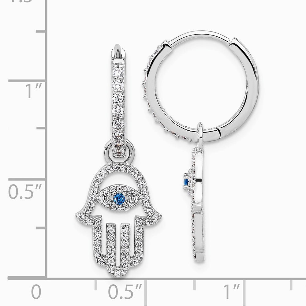 Sterling Silver RH-pltd Blue/White CZ Evil Eye Hamsa Dangle Hoop Earrings - Product Photo