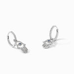 Sterling Silver RH-pltd Blue/White CZ Evil Eye Hamsa Dangle Hoop Earrings - Product Photo