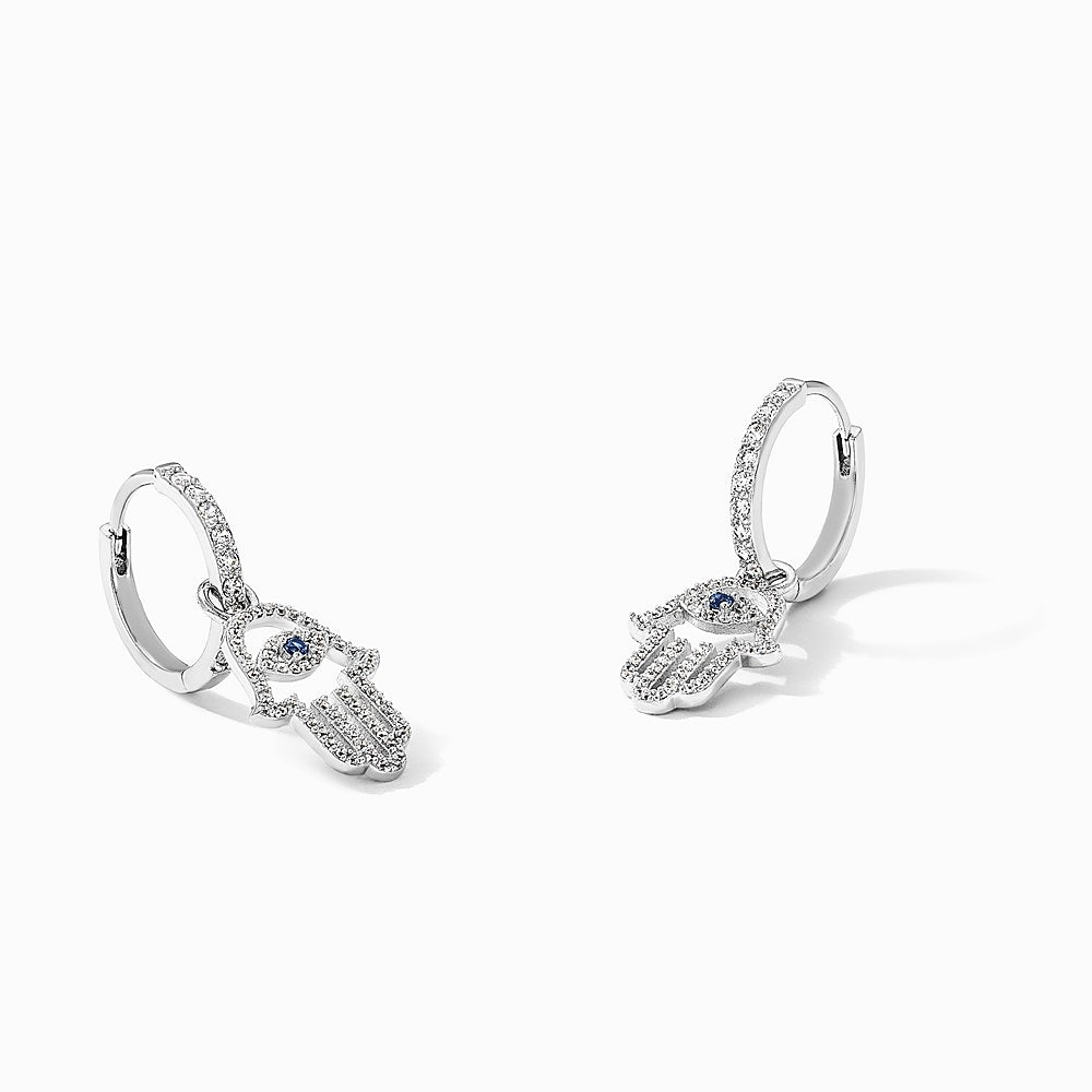 Sterling Silver RH-pltd Blue/White CZ Evil Eye Hamsa Dangle Hoop Earrings - Product Photo