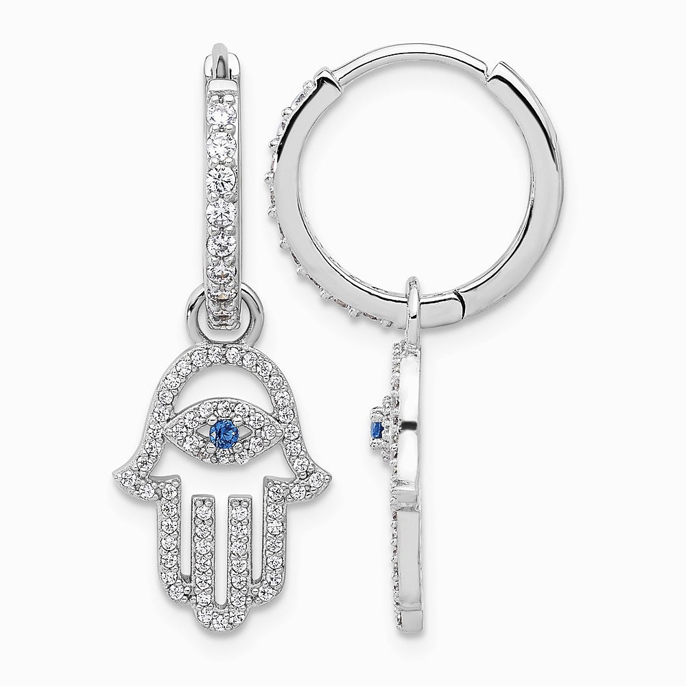 Sterling Silver RH-pltd Blue/White CZ Evil Eye Hamsa Dangle Hoop Earrings
