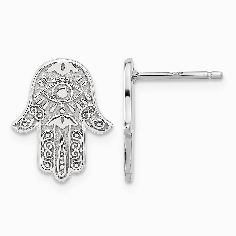 Sterling Silver Polished Designed Hamsa Post Earrings - Product Photo