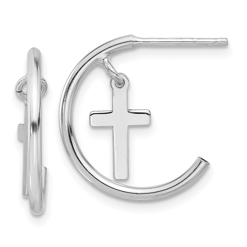 Sterling Silver Rhodium-plated Polished Cross Dangle Post C-Hoop Earrings - Product Photo
