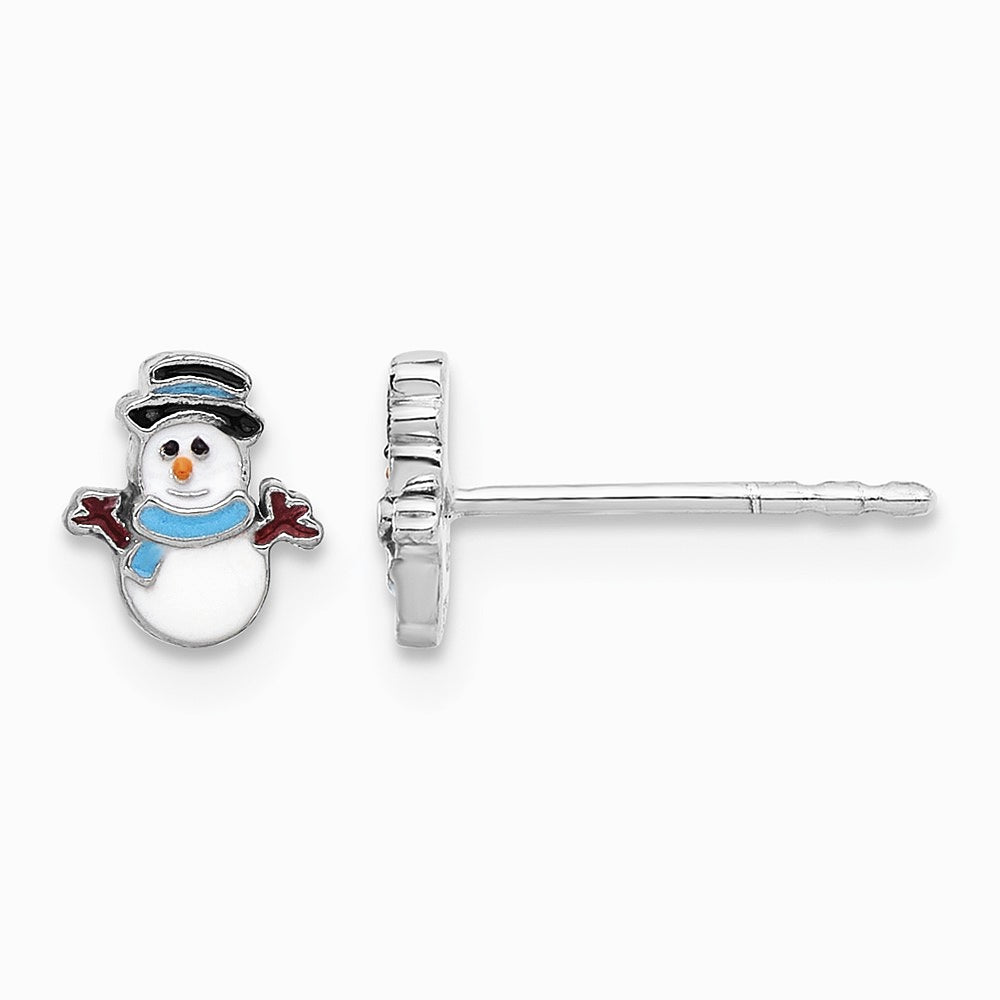 Sterling Silver Rhodium-plated Enameled Snowman Petite Post Earrings