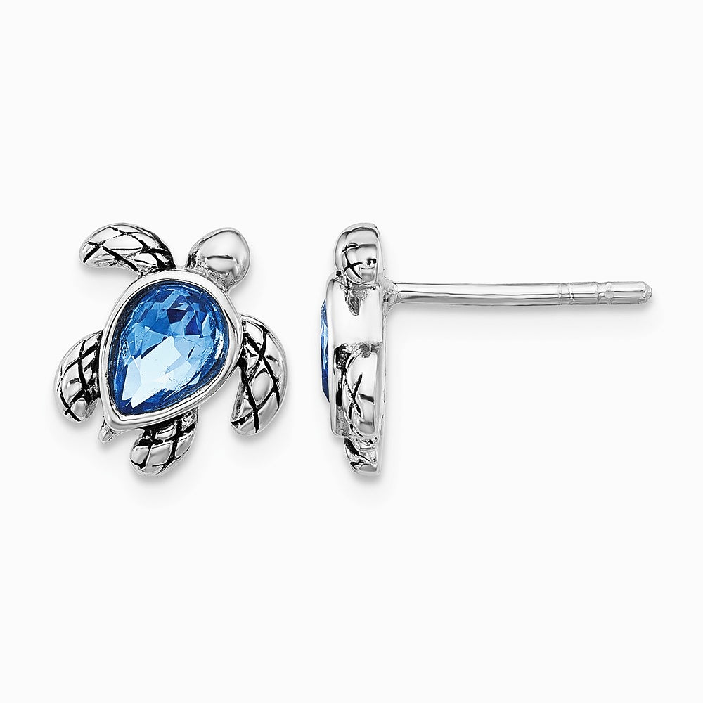 Sterling Silver RH-plated Antiqued Crystal Sep Birthstone Turtle Earrings