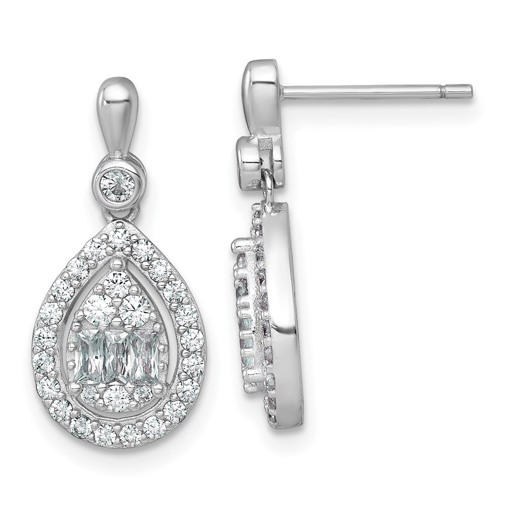 Sterling Silver RH-plated Polished Fancy CZ Teardrop Post Dangle Earrings