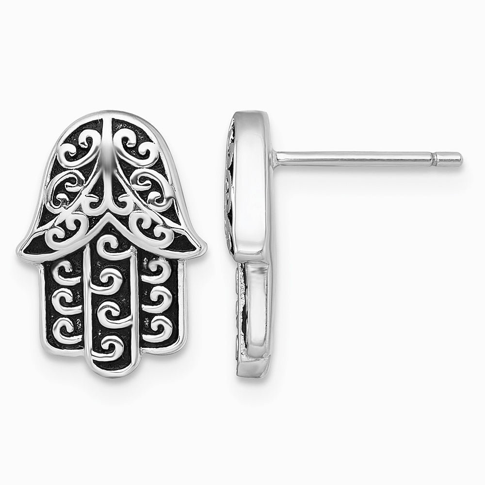 Sterling Silver RH-plated Polished/Oxidized Filigree Hamsa Post Earrings - Product Photo