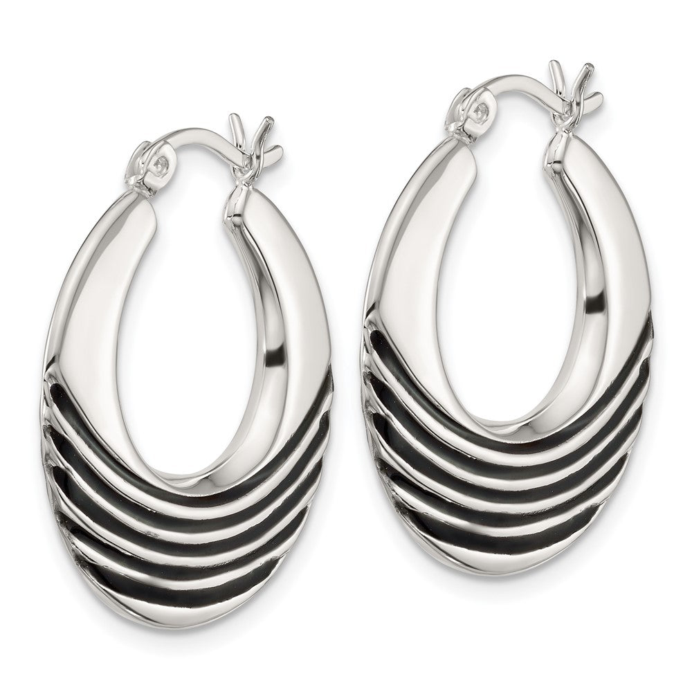 Sterling Silver Polished with Black Enamel Round Hoop Earrings - Product Photo