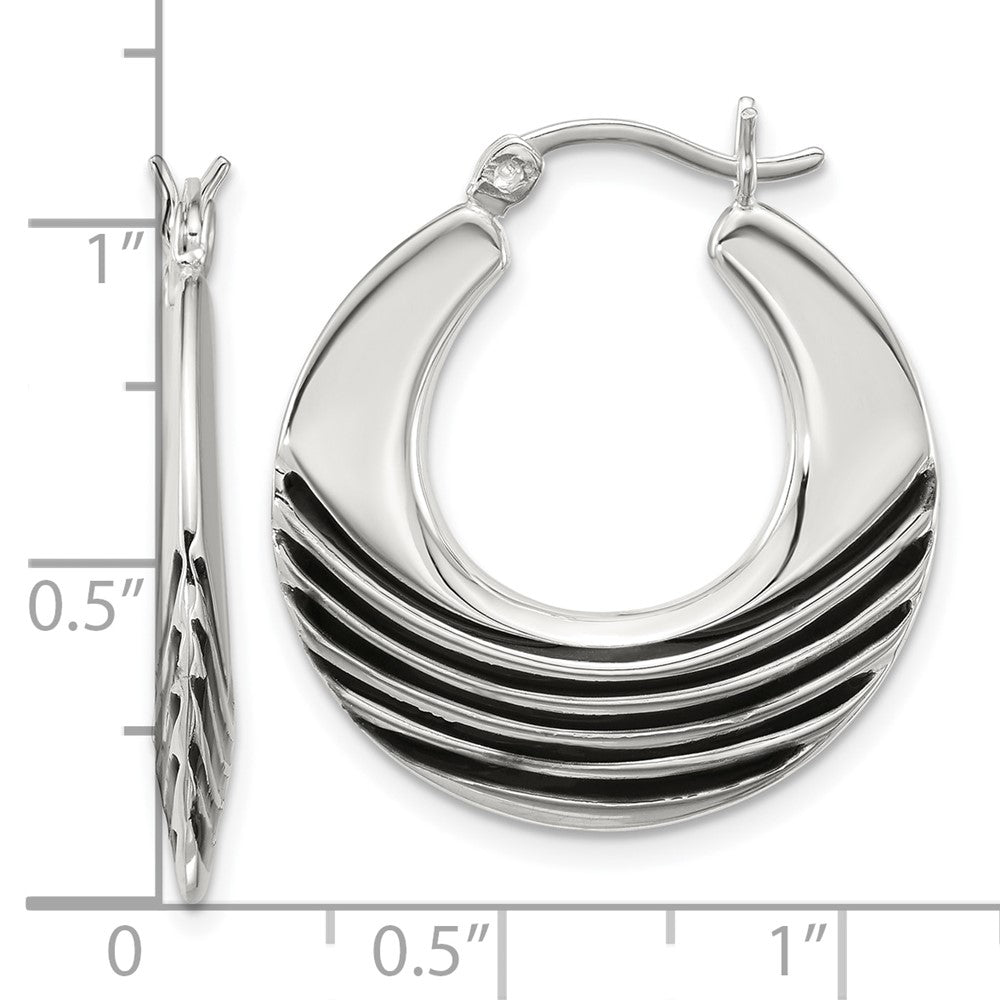 Sterling Silver Polished with Black Enamel Round Hoop Earrings - Product Photo