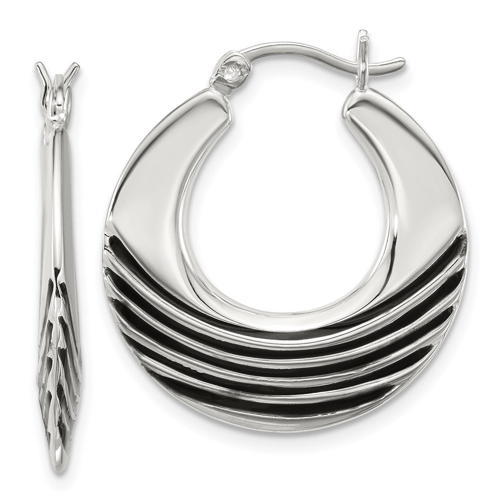 Sterling Silver Polished with Black Enamel Round Hoop Earrings - Product Photo