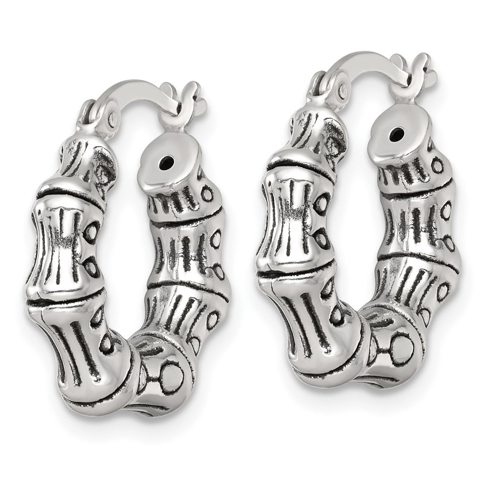 Sterling Silver Antiqued Textured Bamboo Round Hoop Earrings - Product Photo