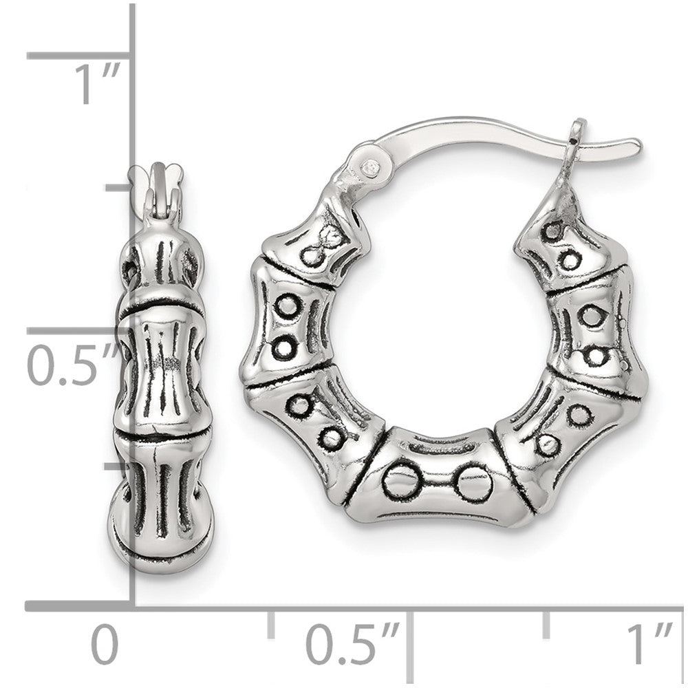 Sterling Silver Antiqued Textured Bamboo Round Hoop Earrings - Product Photo