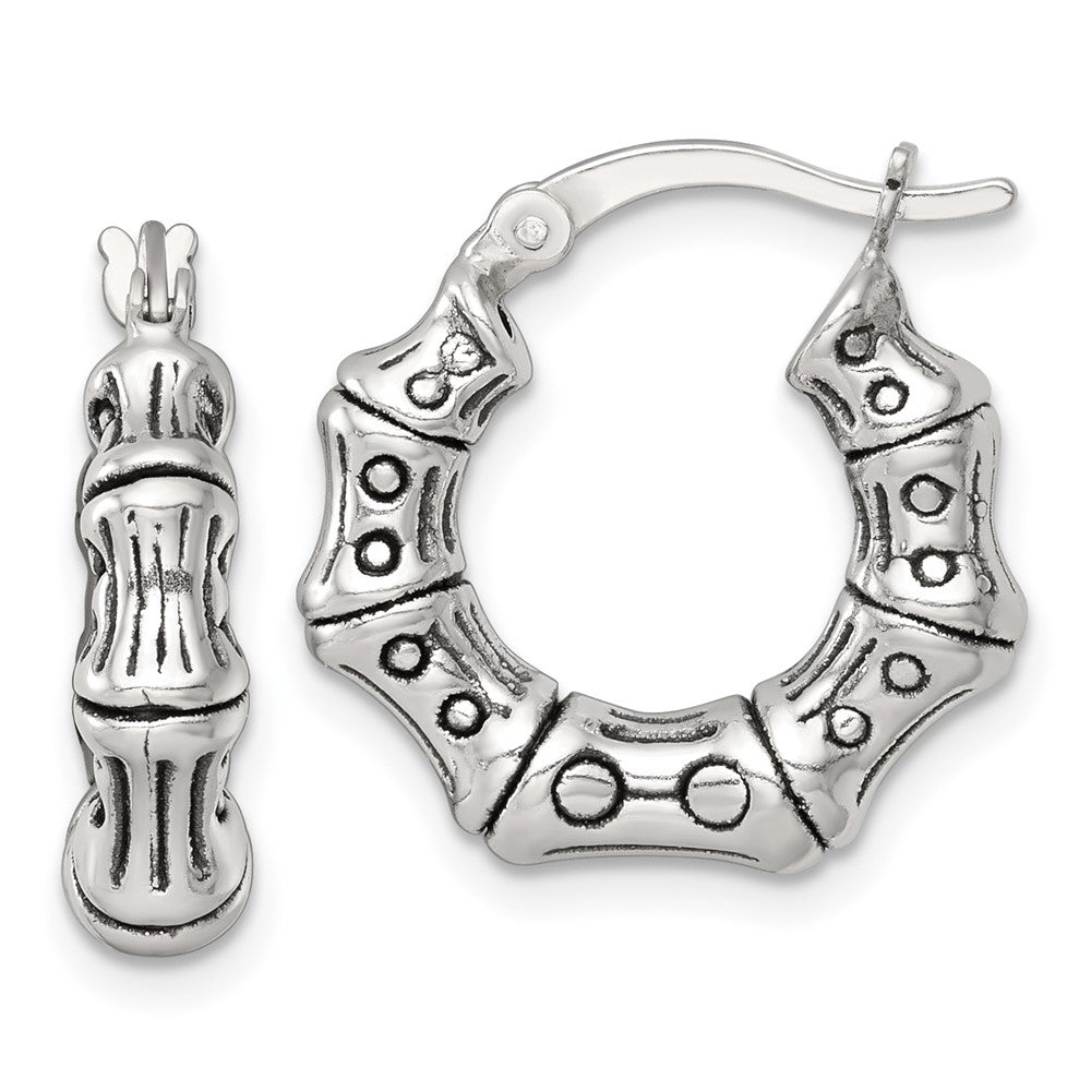 Sterling Silver Antiqued Textured Bamboo Round Hoop Earrings