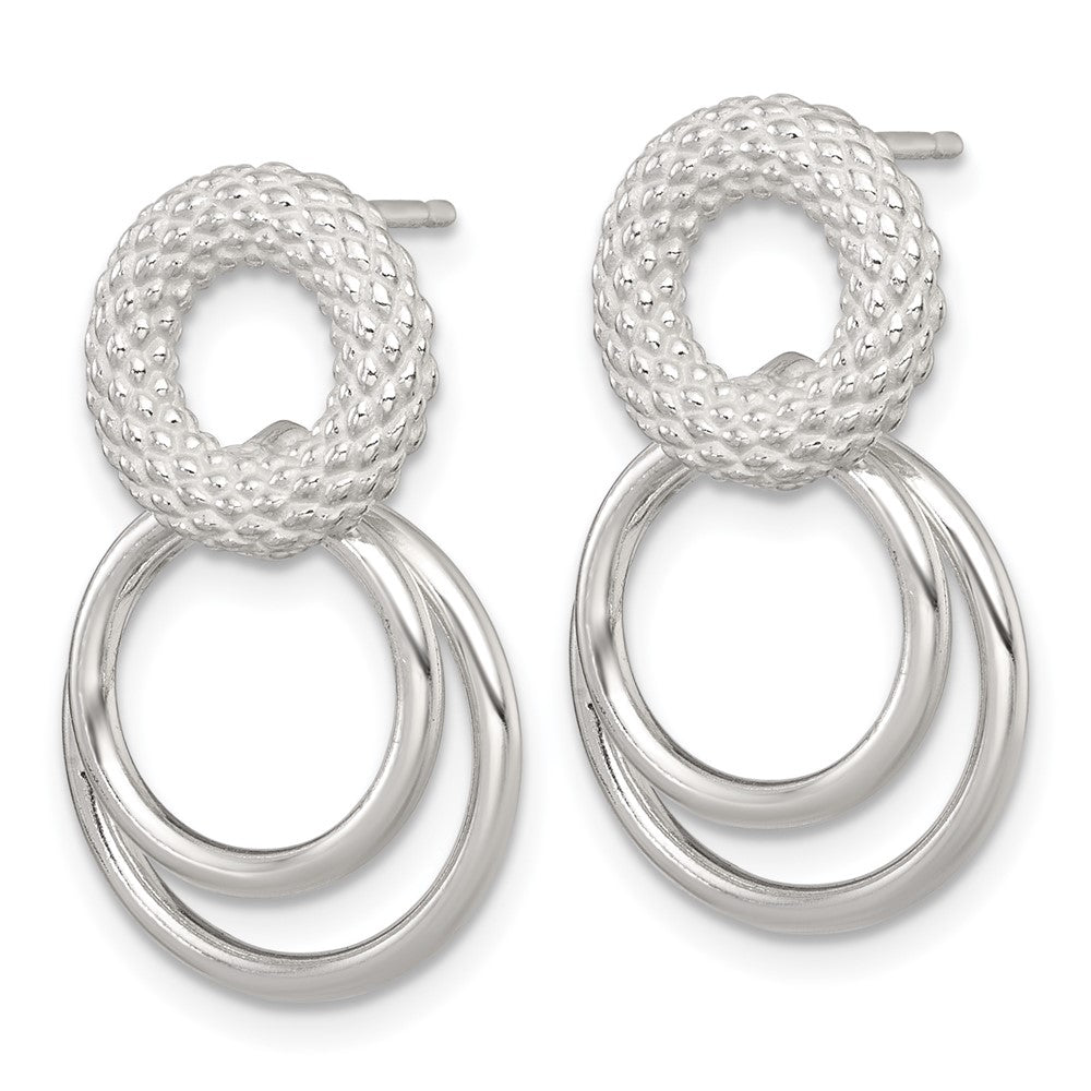 Sterling Silver Polished and Textured Double Circle Post Dangle Earrings - Product Photo