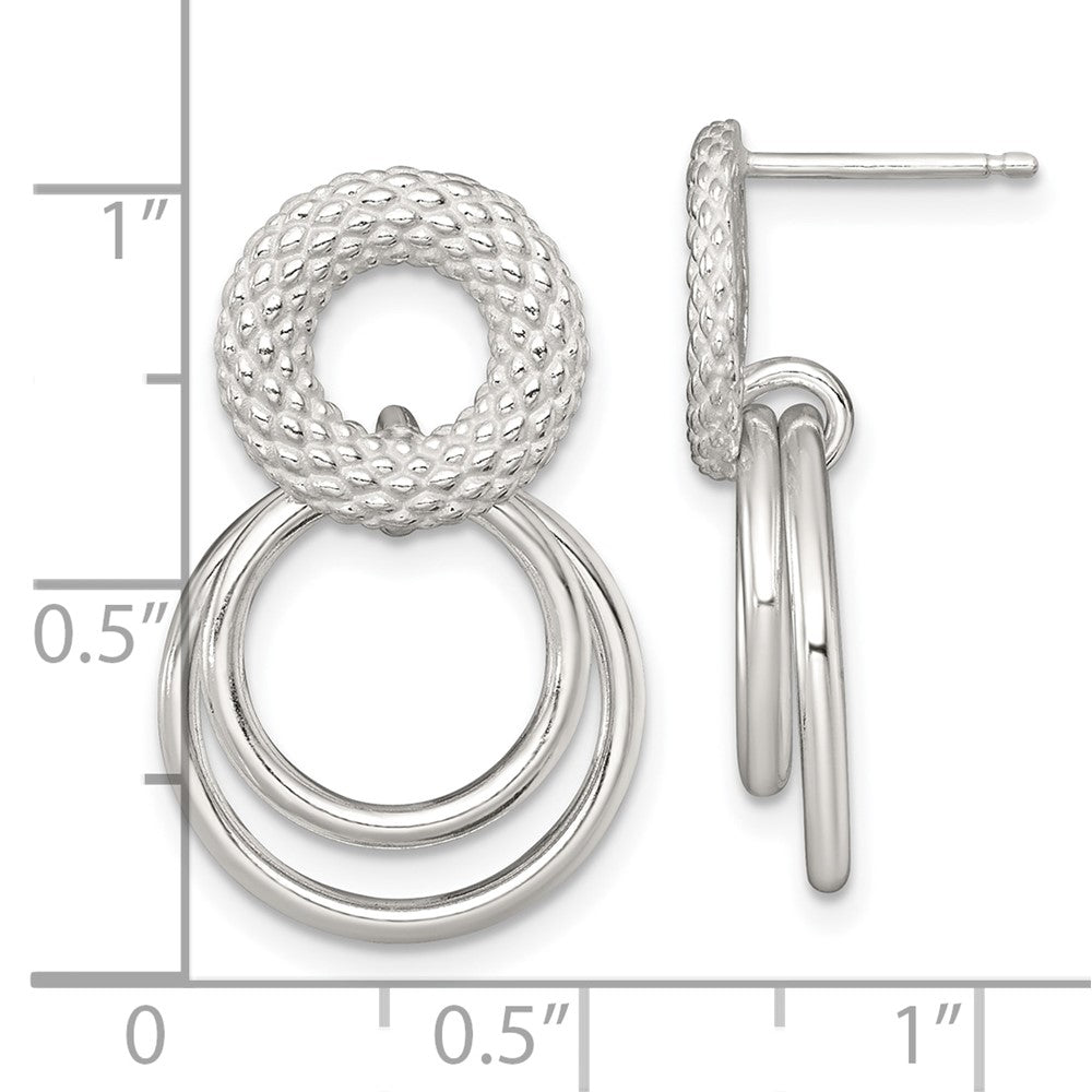 Sterling Silver Polished and Textured Double Circle Post Dangle Earrings - Product Photo