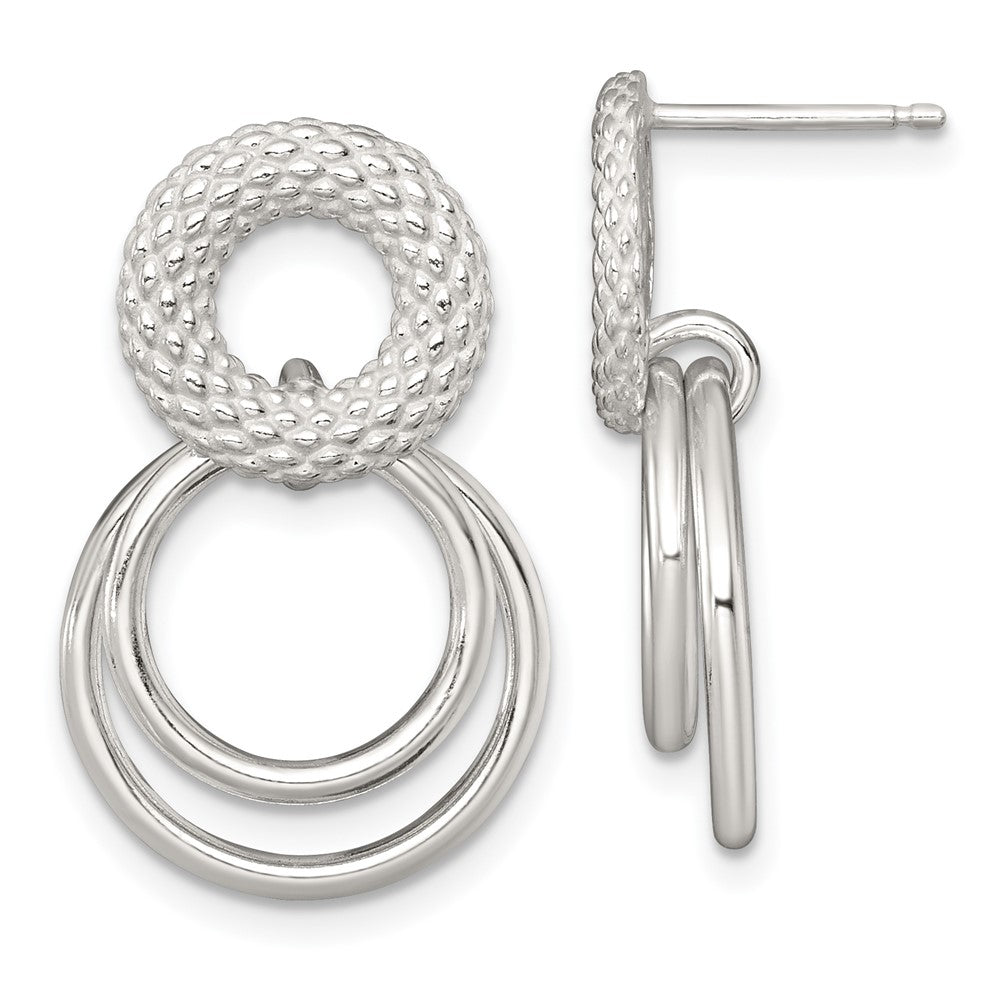 Sterling Silver Polished and Textured Double Circle Post Dangle Earrings