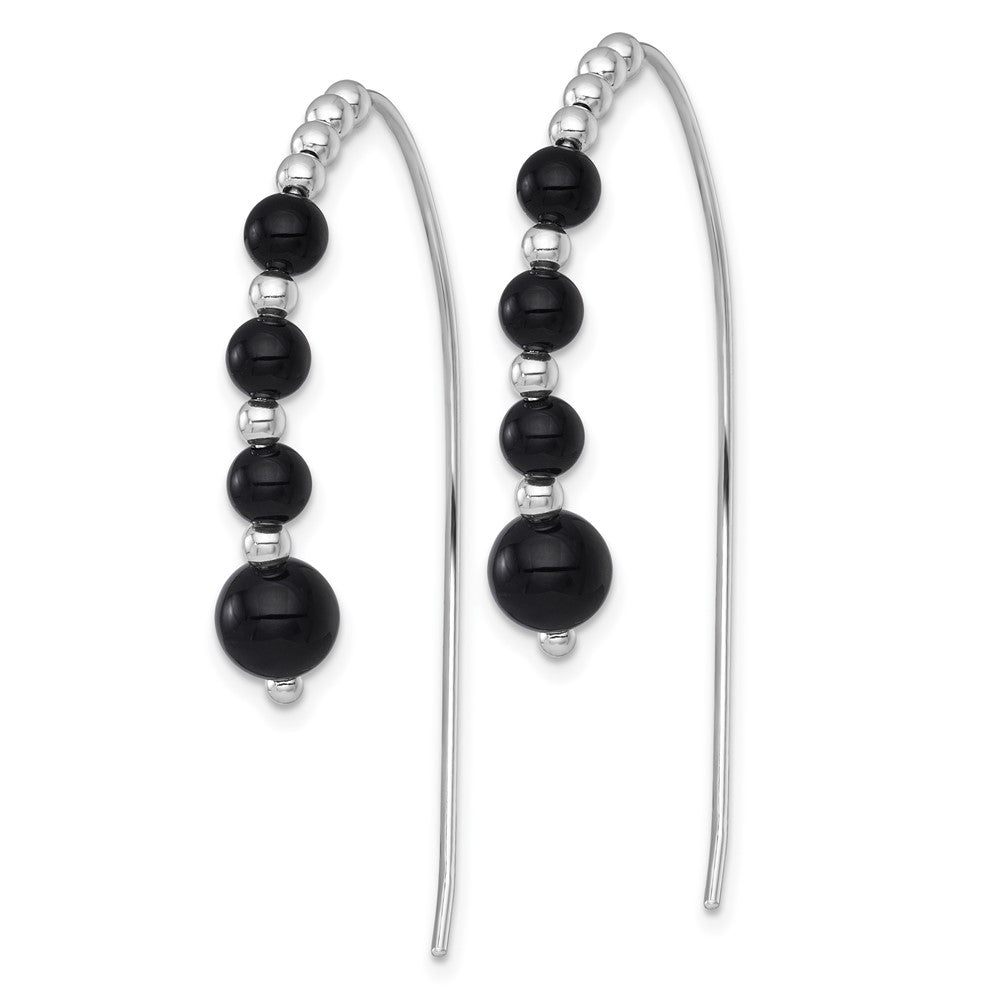 Sterling Silver RH-plated Polished Onyx Beaded Threader Earrings - Product Photo