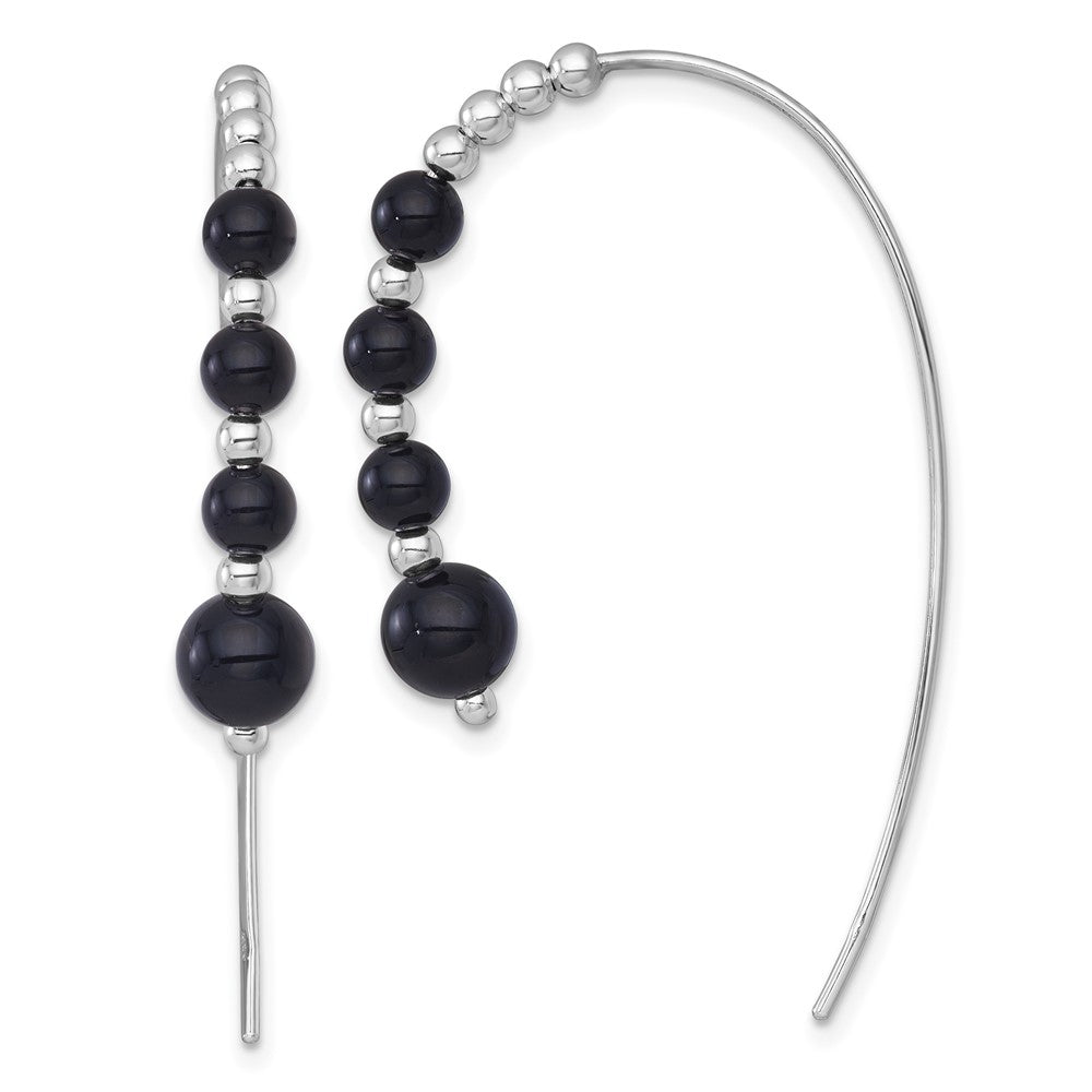 Sterling Silver RH-plated Polished Onyx Beaded Threader Earrings - Product Photo