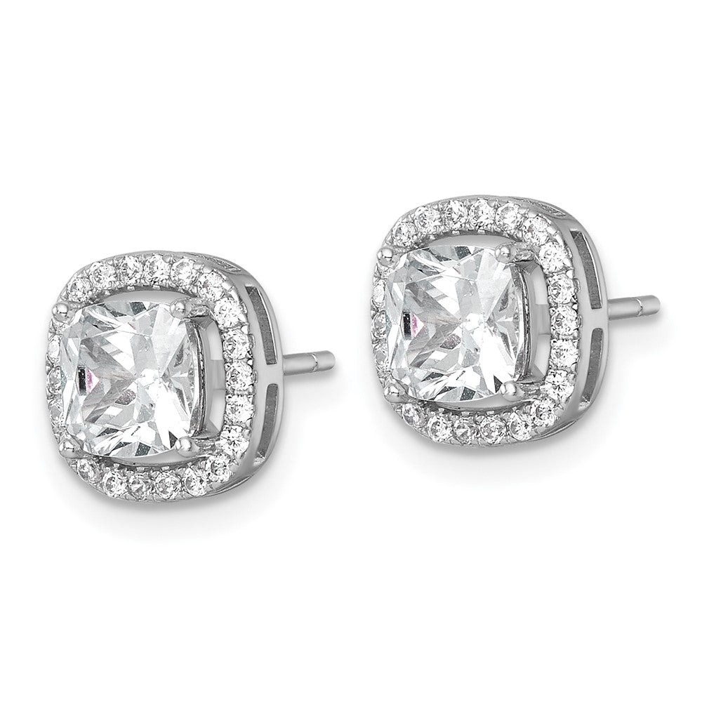 Sterling Silver Rh-pltd Polished 10mm Cushion Halo CZ Post Earrings - Product Photo