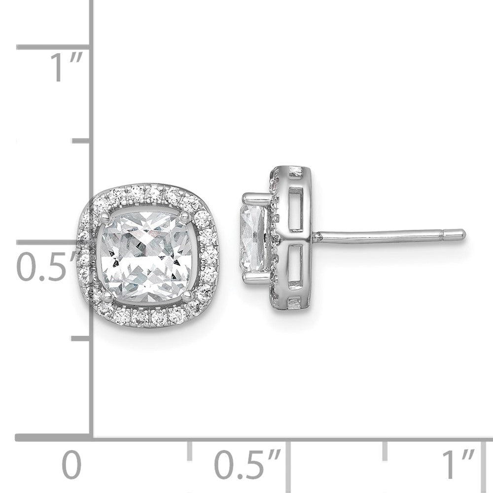 Sterling Silver Rh-pltd Polished 10mm Cushion Halo CZ Post Earrings - Product Photo
