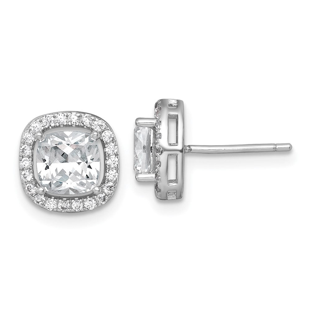 Sterling Silver Rh-pltd Polished 10mm Cushion Halo CZ Post Earrings - Product Photo